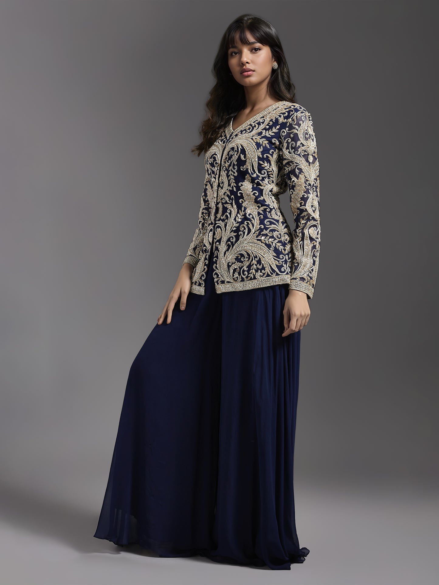 Navy Net Jacket with Ivory Embroidered and Sharara Set