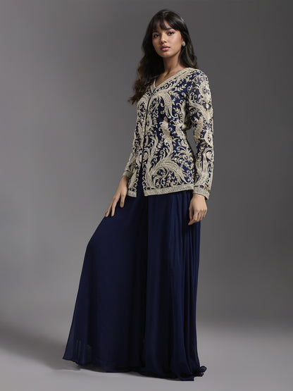 Navy Net Jacket with Ivory Embroidered and Sharara Set