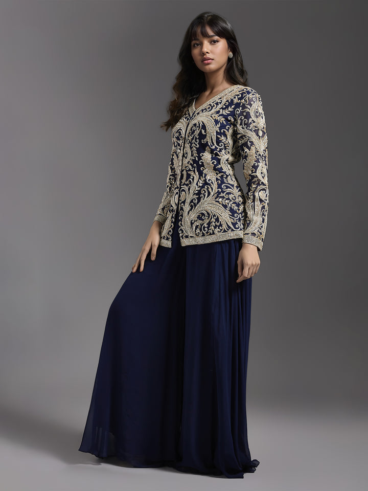 Navy Net Jacket with Ivory Embroidered and Sharara Set