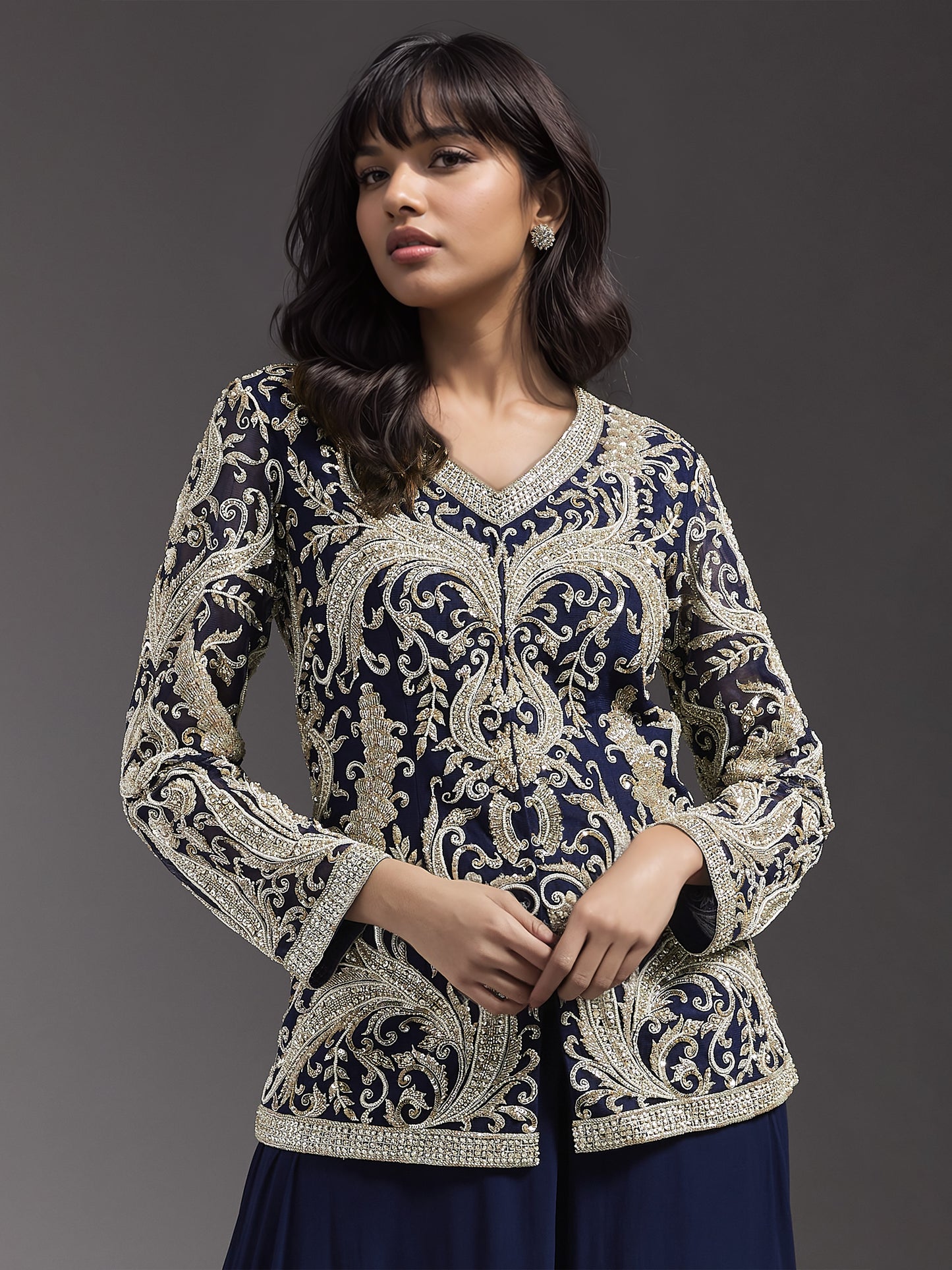 Navy Net Jacket with Ivory Embroidered and Sharara Set
