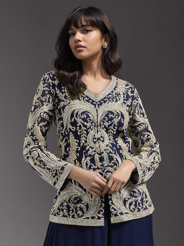 Navy Net Jacket with Ivory Embroidered and Sharara Set