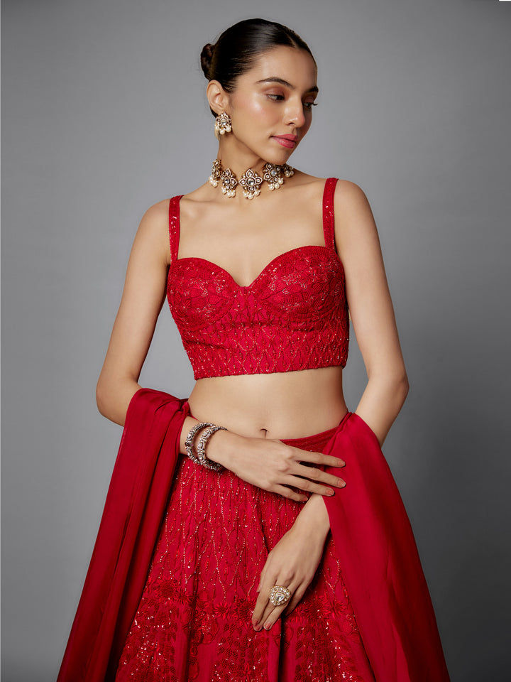 Red Rawsilk Embroidered Lehenga Set with Organza Dupatta