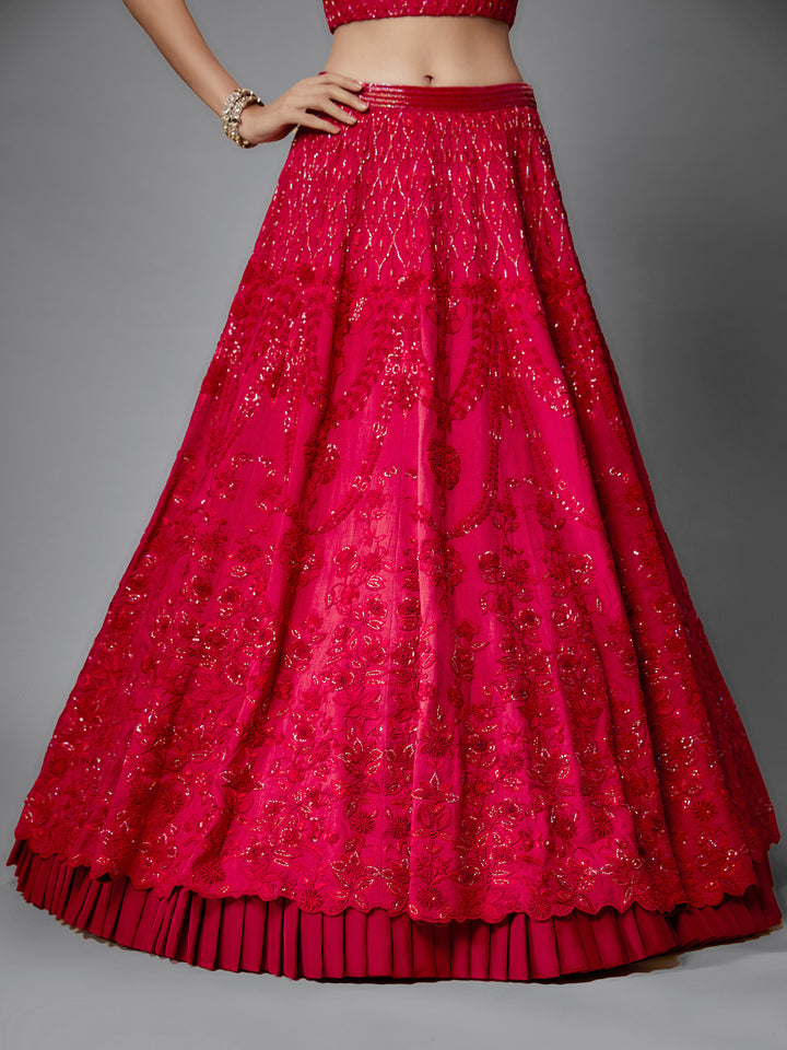 Red Rawsilk Embroidered Lehenga Set with Organza Dupatta
