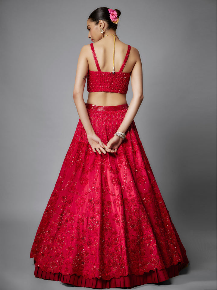 Red Rawsilk Embroidered Lehenga Set with Organza Dupatta