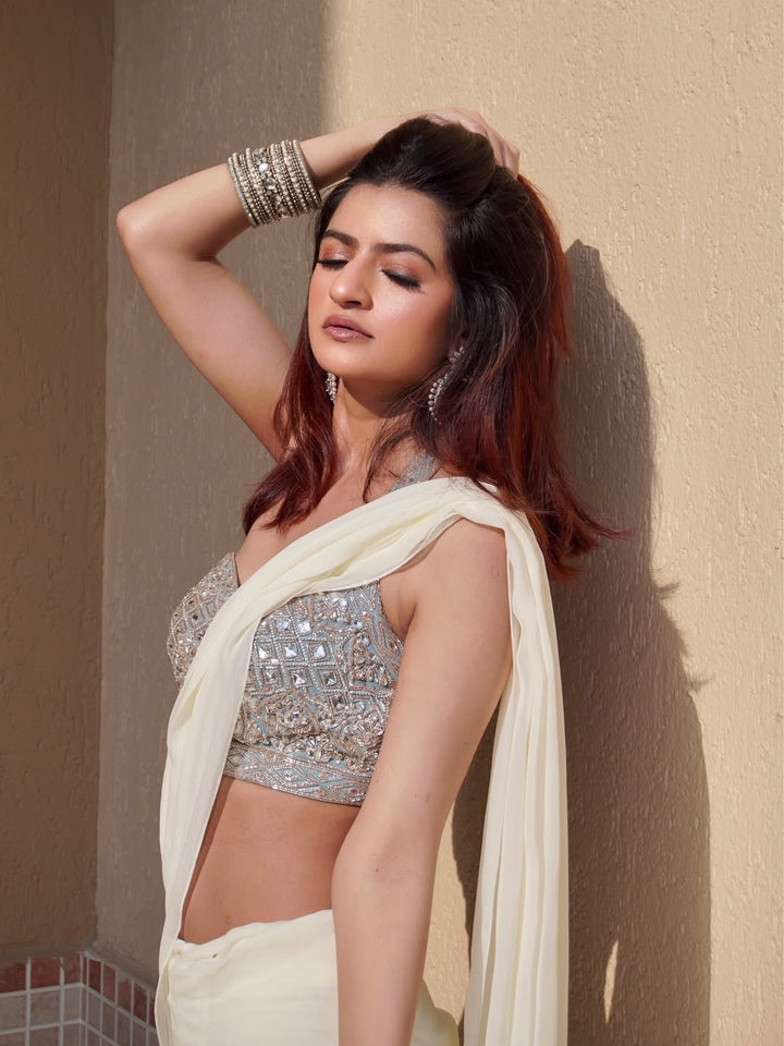 Hand Embroidered Denim Blouse with Ivory Georgette Drape Saree and Belt