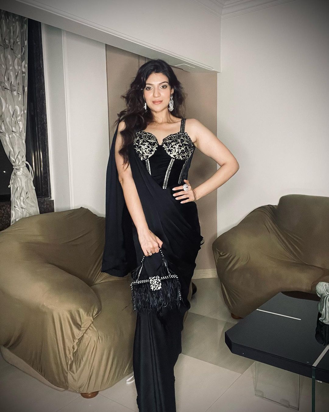 Black Rawsilk Blouse With Hip Rushed Drape Saree
