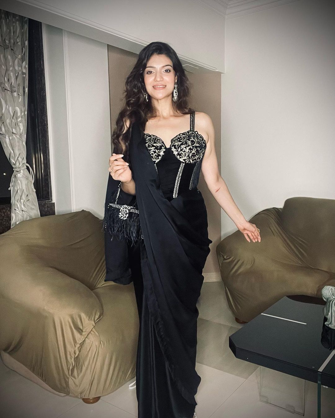 Black Rawsilk Blouse With Hip Rushed Drape Saree