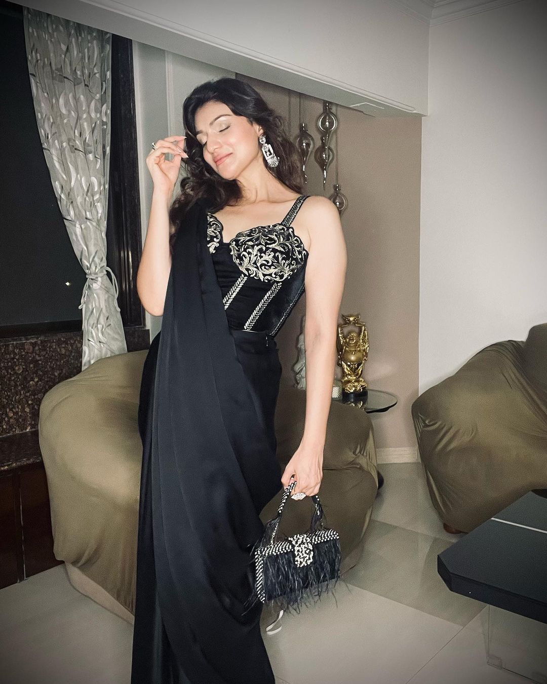 Black Rawsilk Blouse With Hip Rushed Drape Saree
