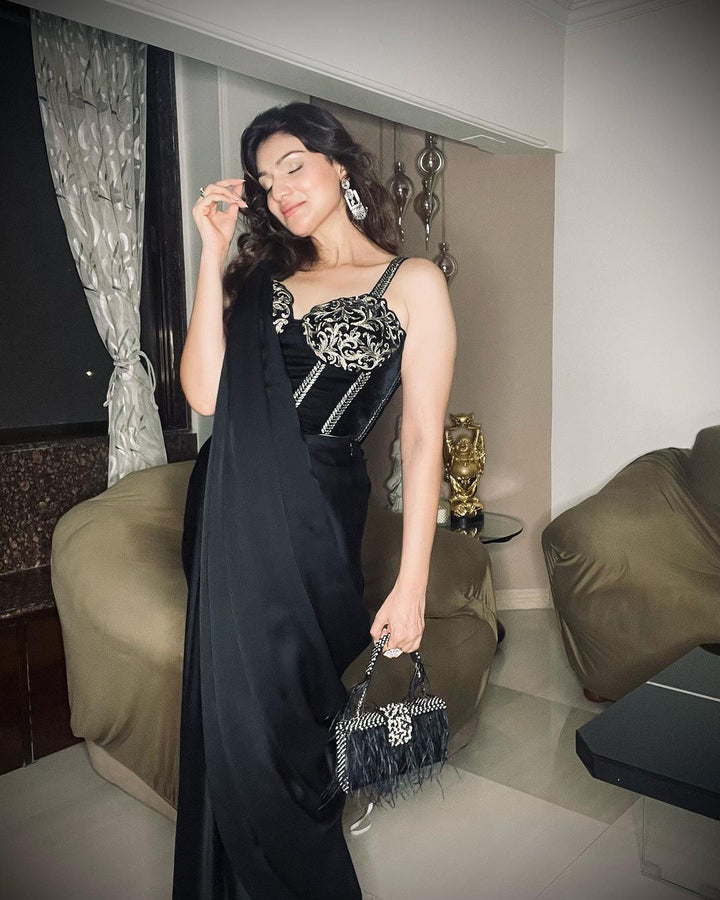 Black Rawsilk Blouse With Hip Rushed Drape Saree