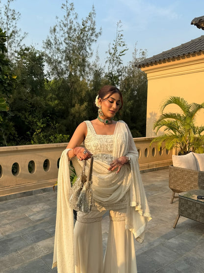 Ivory Embroidered Kurta Set with Sharara Pants and Dupatta