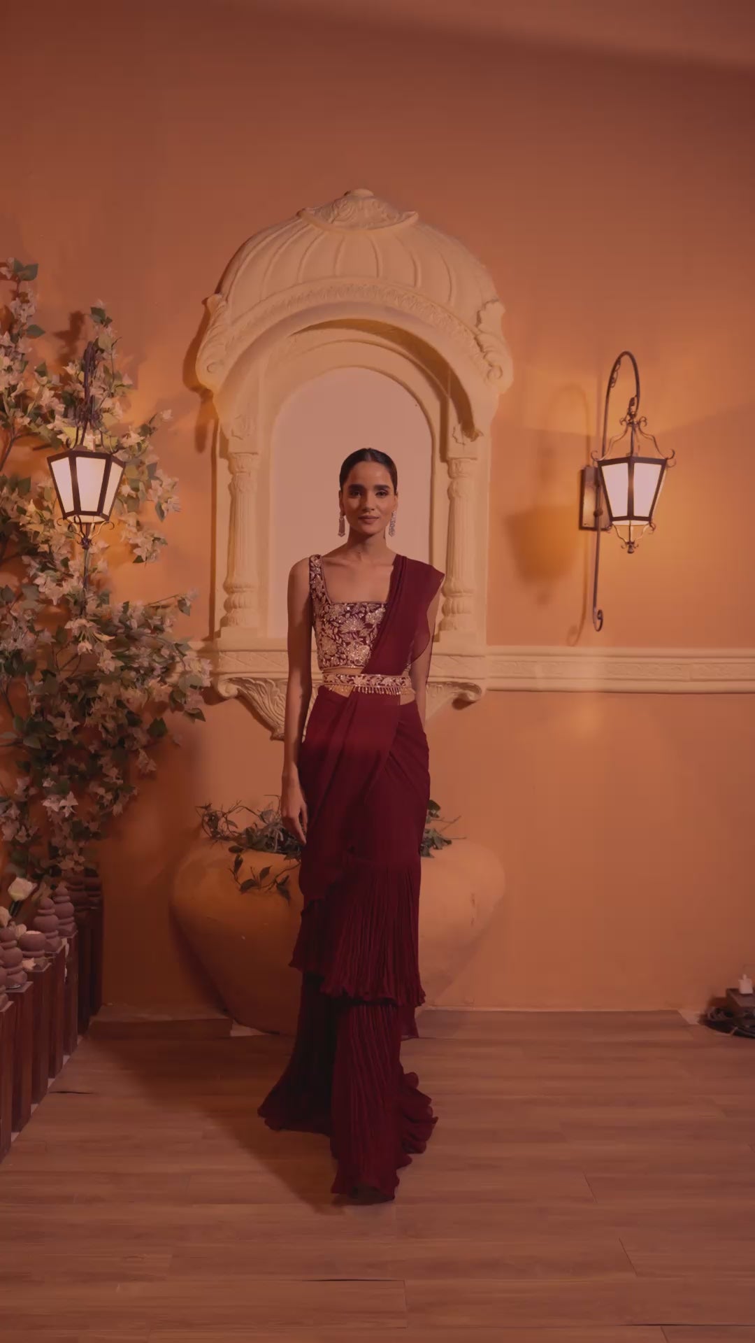 Maroon Hand Embroidered Drape Saree Set