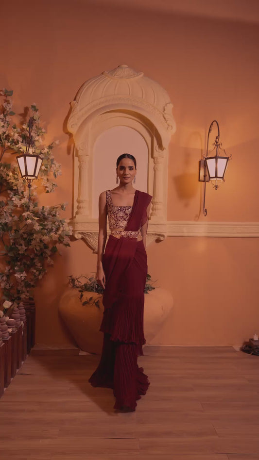 Maroon Hand Embroidered Drape Saree Set