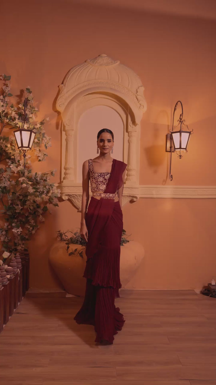 Maroon Hand Embroidered Drape Saree Set