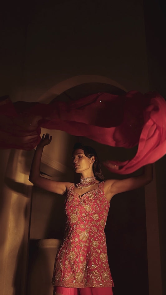 Fuchsia Pink Embroidered Kurti Sharara Set
