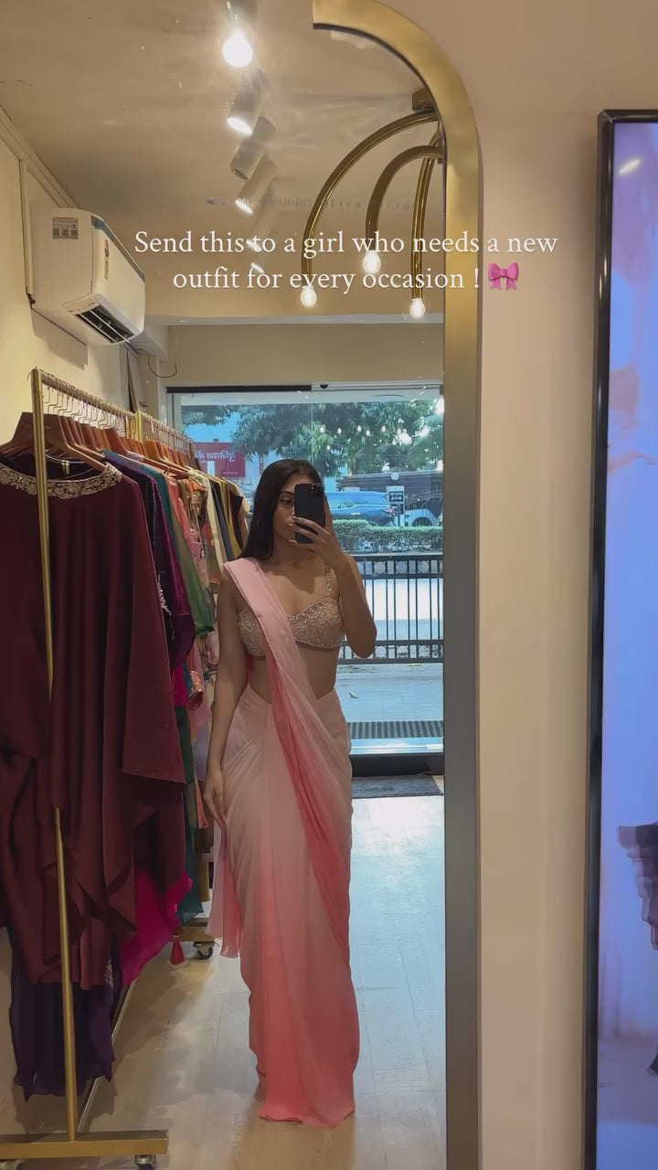Pink Hand Embroidered Blouse with Ombre Pink Drape Saree