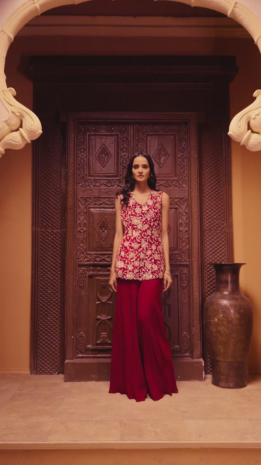 Red Hand Embroidered Jacket Sharara Set