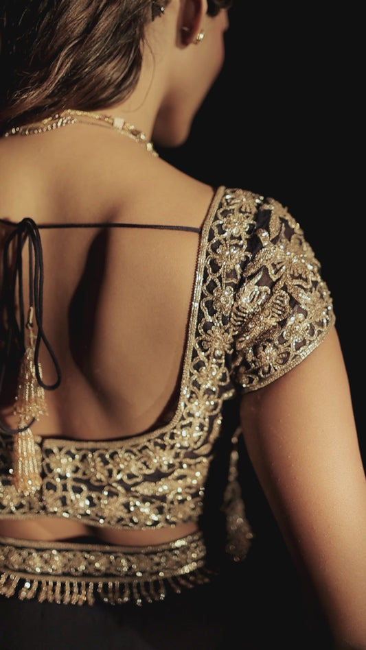 Navy Hand Embroidered Drape Saree Set
