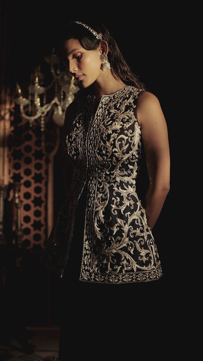 Navy Embroidered Peplum Jacket Set