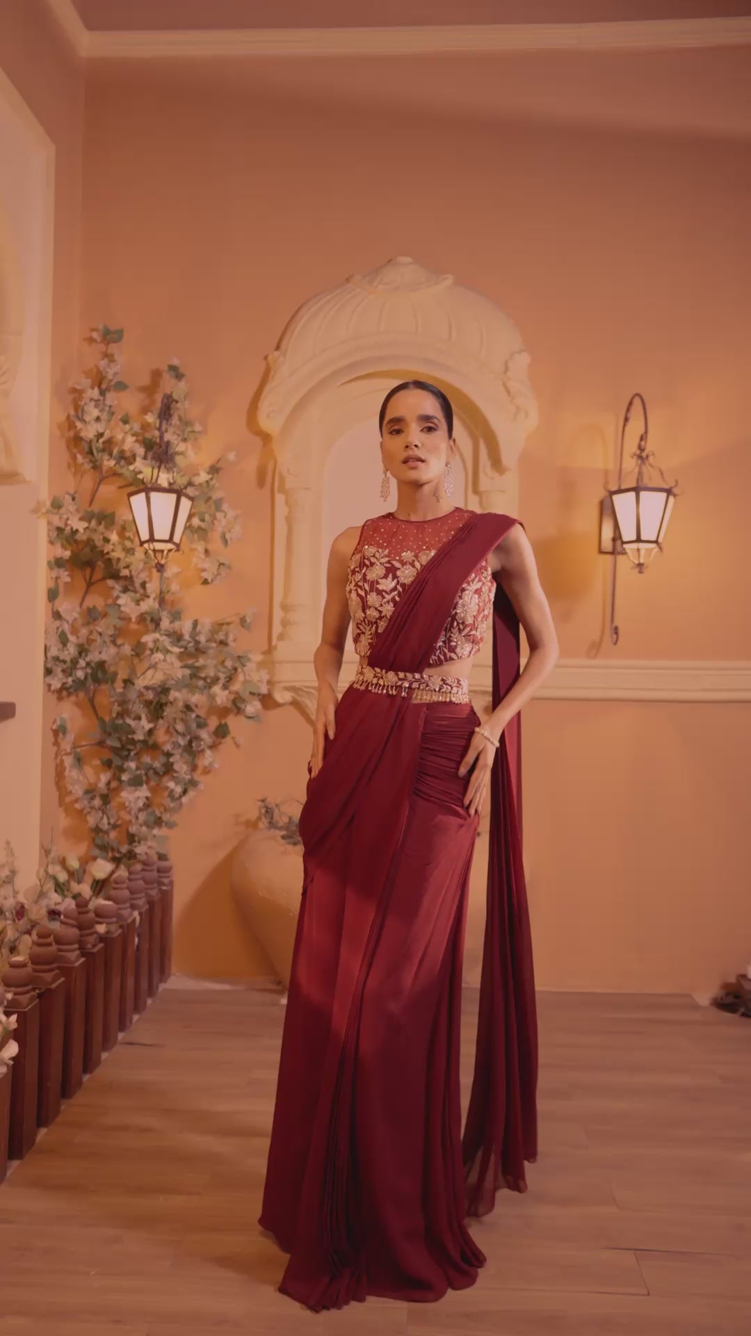 Maroon Hand Embroidered Drape Saree Set