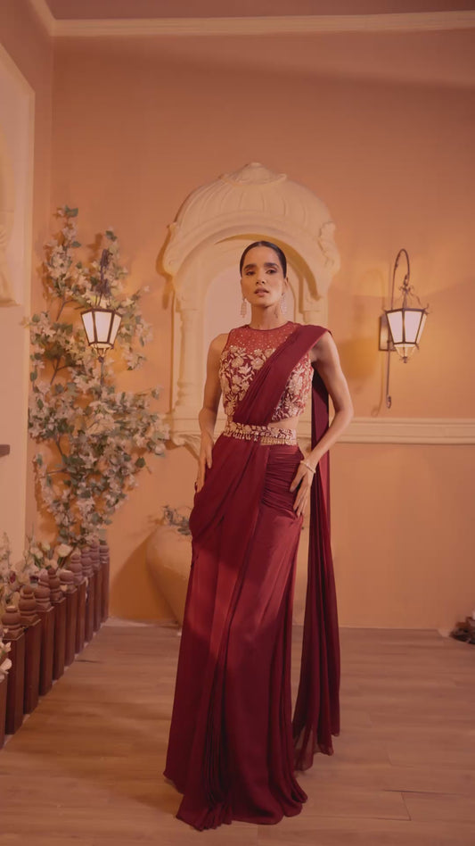 Maroon Hand Embroidered Drape Saree Set