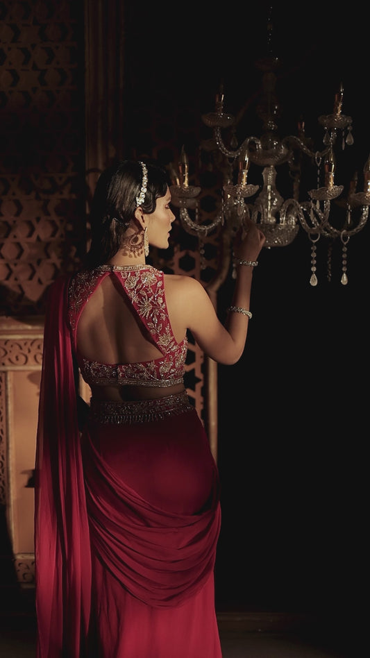 Red Embroidered Drape saree Set