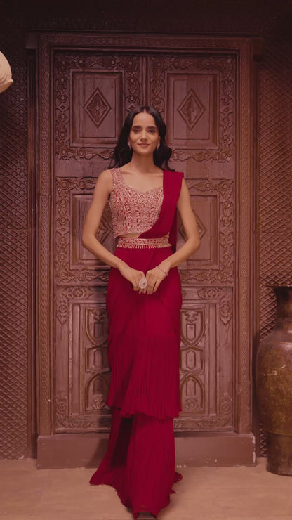 Red Hand Embroidered Drape Saree Set