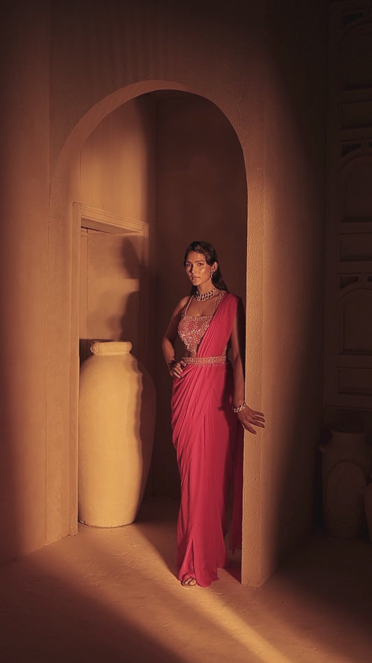 Fuchsia Pink Hand Embroidered Drape Saree Set