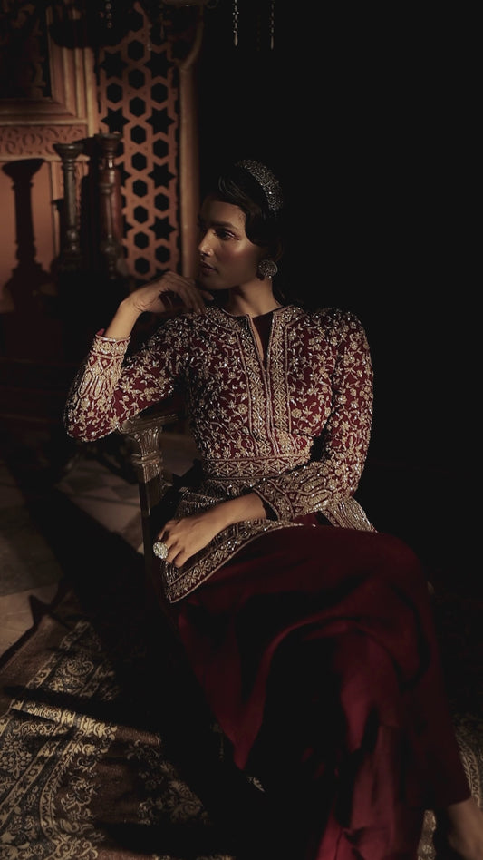 Maroon Embroidered Jacket Sharara Set