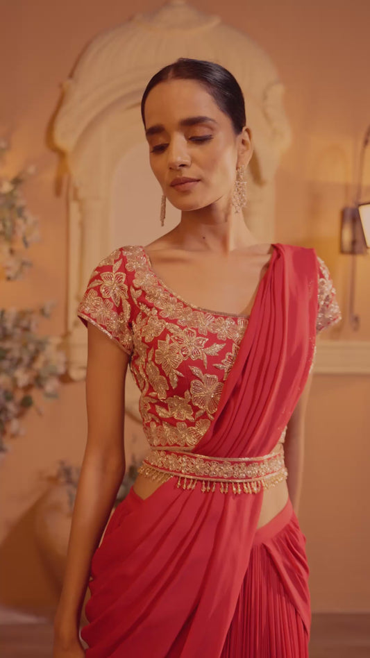 Red Hand Embroidered Drape Saree Set