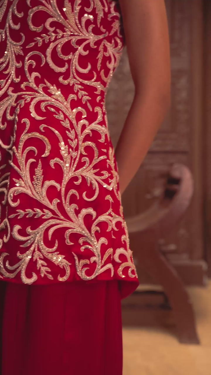 Red Embroidered Sharara Set