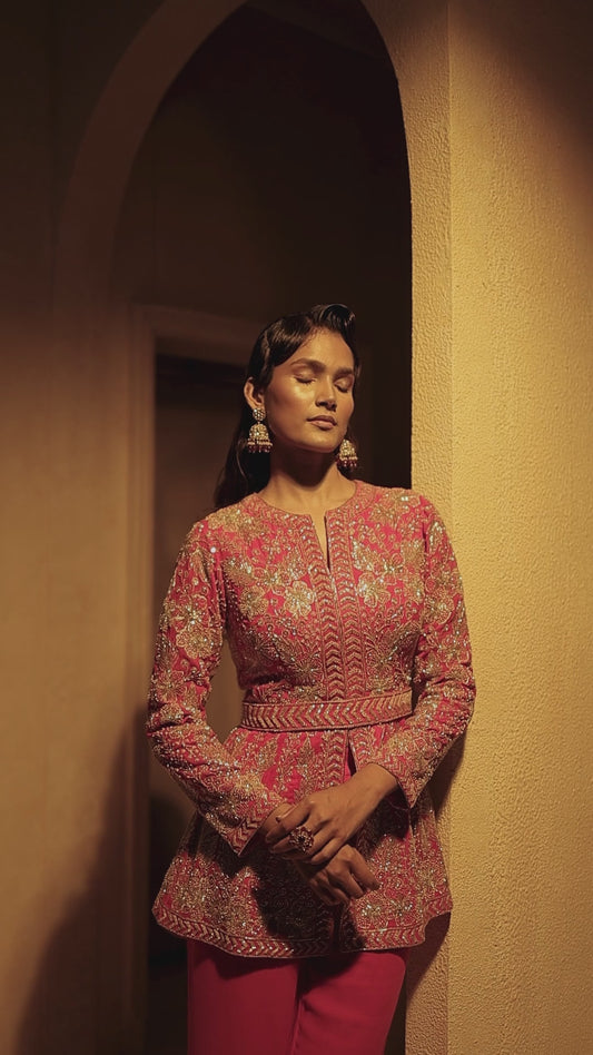 Fuchsia Pink Embroidered Jacket Set