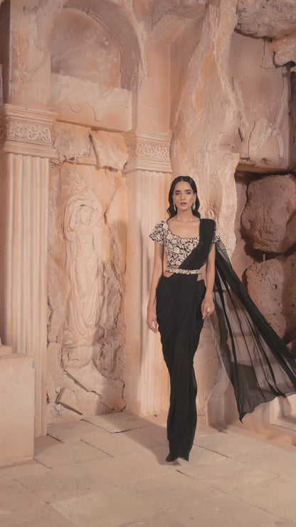 Black Embroidered Drape Saree Set