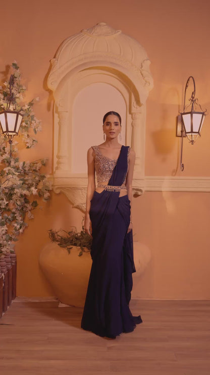 Navy Embroidered Drape Saree Set