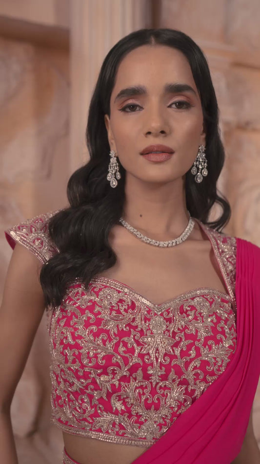 Fushcia Pink Drape Saree Set