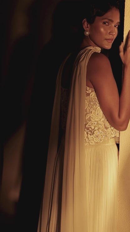Ivory Embroidered Crop Top With Gathered skirt And Stole