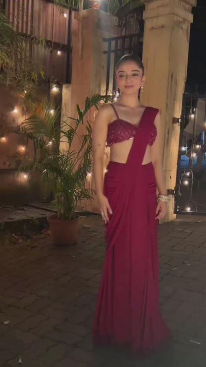 Alamkara Red Blouse With Hip Ruched Saree