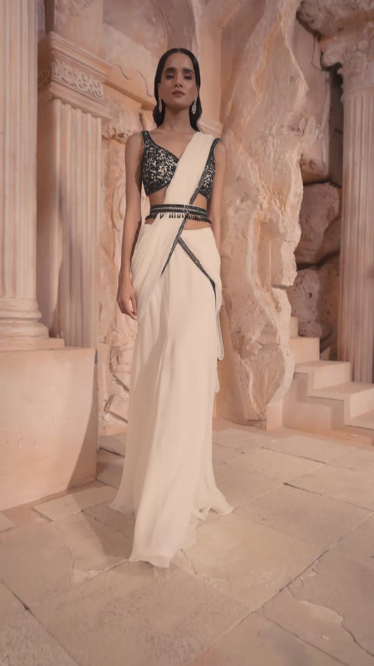 Ivory Embroidered Drape Saree Set