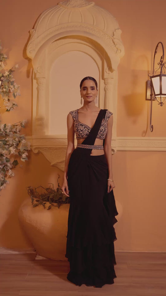 Black Embroidered Drape Saree Set