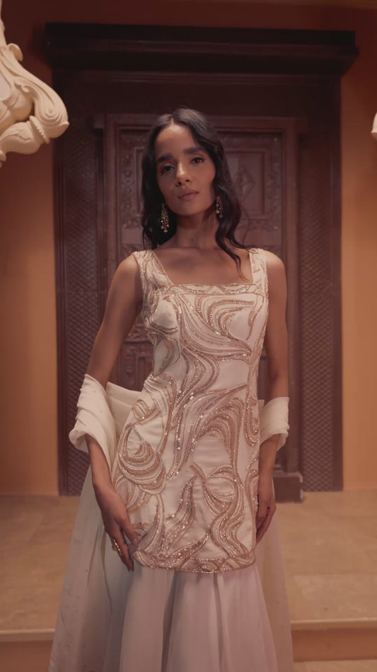 Ivory Hand Embroidered Kurta Sharara Set