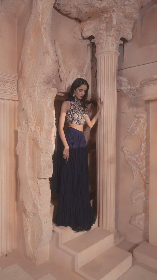 Navy Embroidered Skirt Set
