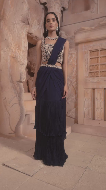 Navy Embroidered Drape Saree Set